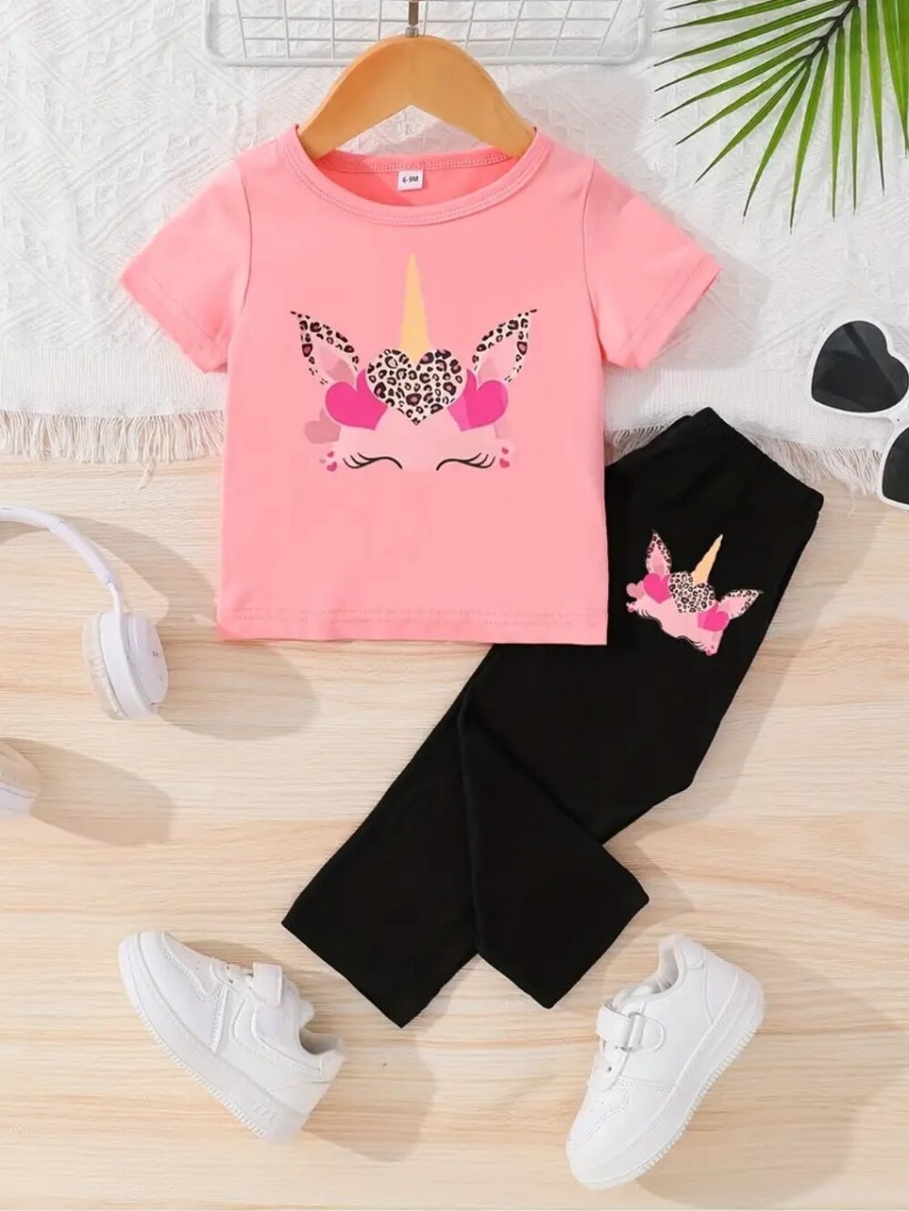 Girl's Pink Unicorn Shirt with Black Leggings Set, Size 2-3Y